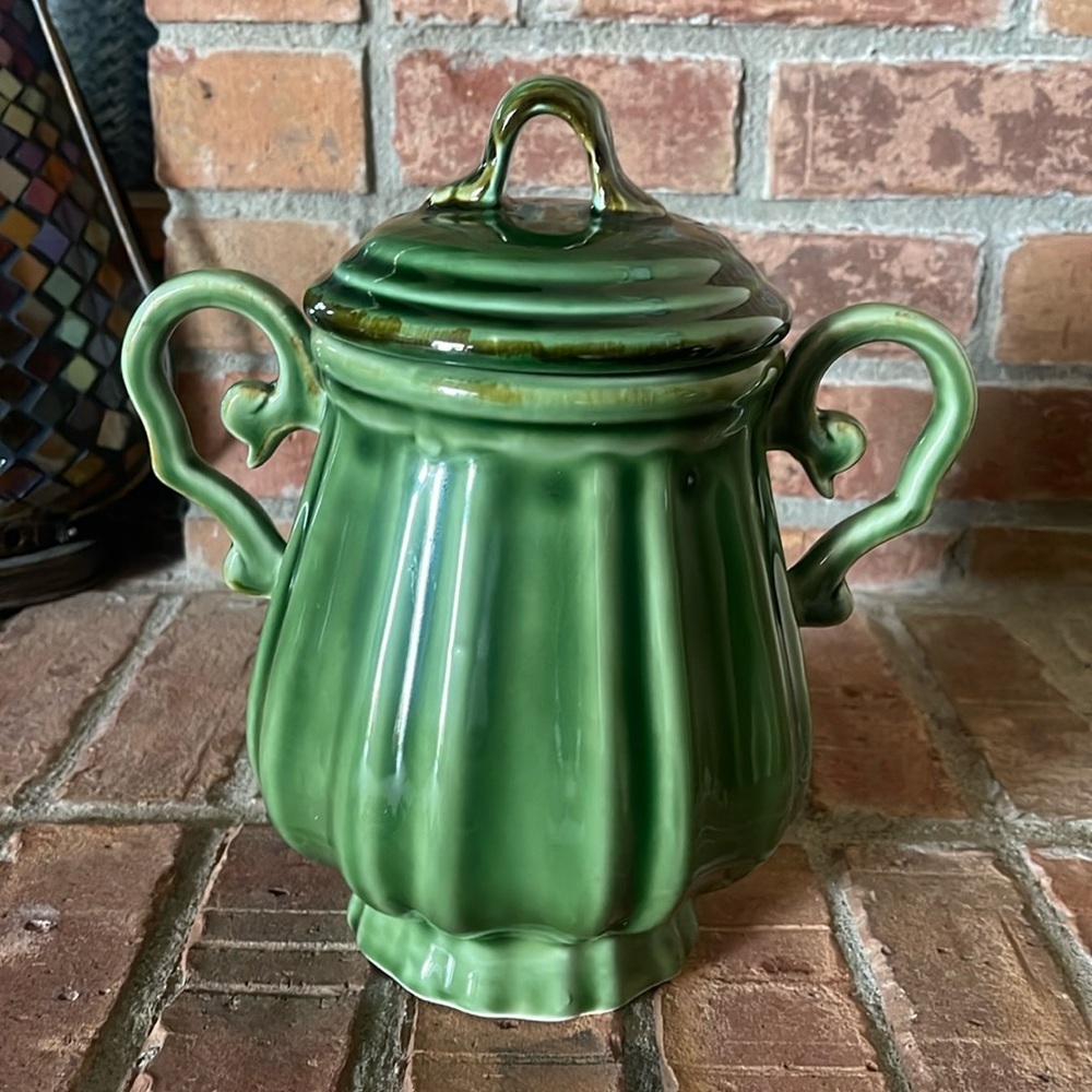 Vtg Baum Brothers Style Eyes Green Double Handle Canister 9"